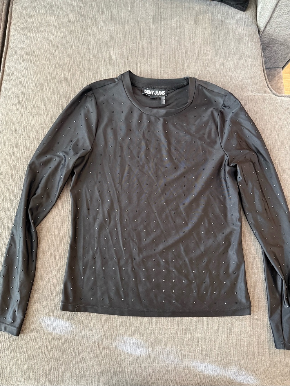 DKNY Black Long Sleeve Tee with Subtle Tonal Studs